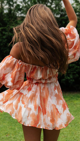 Off-Shoulder Pleated Dress — Orange Floral, Cuavan