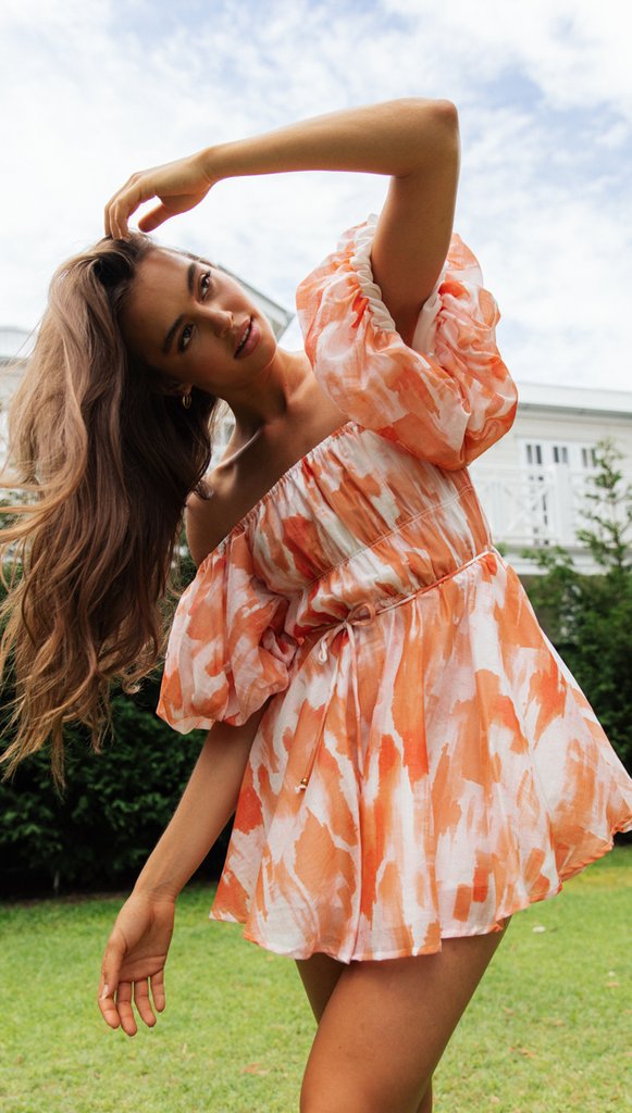Off-Shoulder Pleated Dress — Orange Floral, Cuavan