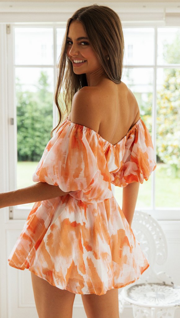 Off-Shoulder Pleated Dress — Orange Floral, Cuavan