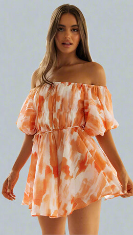 Off-Shoulder Pleated Dress — Orange Floral, Cuavan