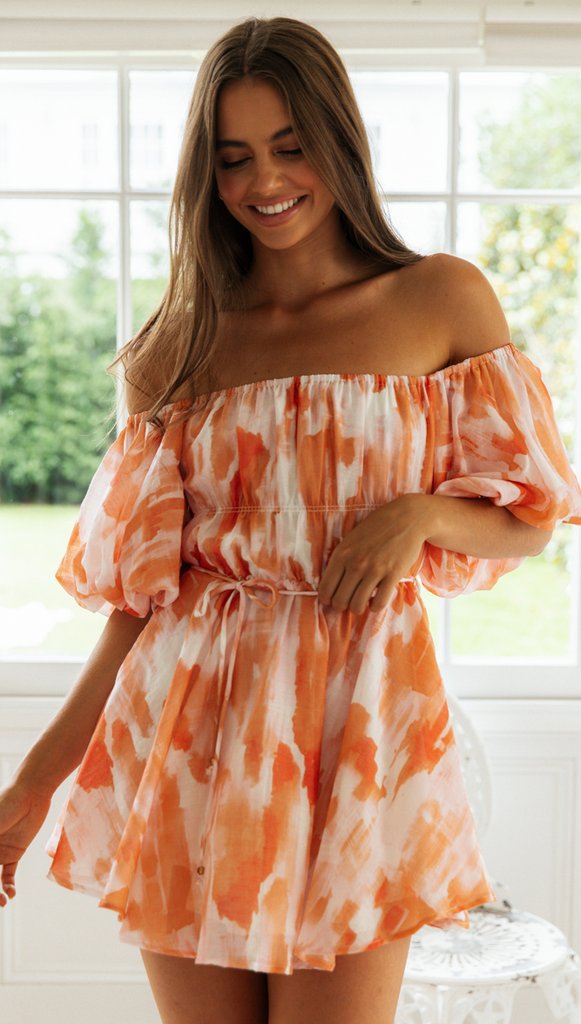 Off-Shoulder Pleated Dress — Orange Floral, Cuavan