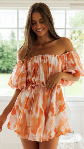 Off-Shoulder Pleated Dress — Orange Floral, Cuavan