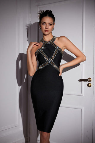 Penrose Rhinestone Bandage Midi Dress — Ochre