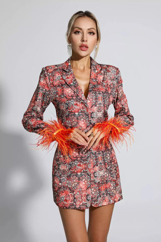 Remington Floral Print Mini Dress with Feather Cuffs