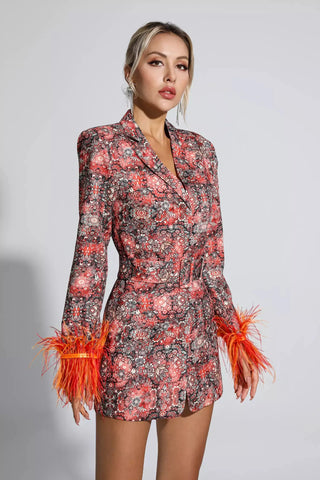 Remington Floral Print Mini Dress with Feather Cuffs