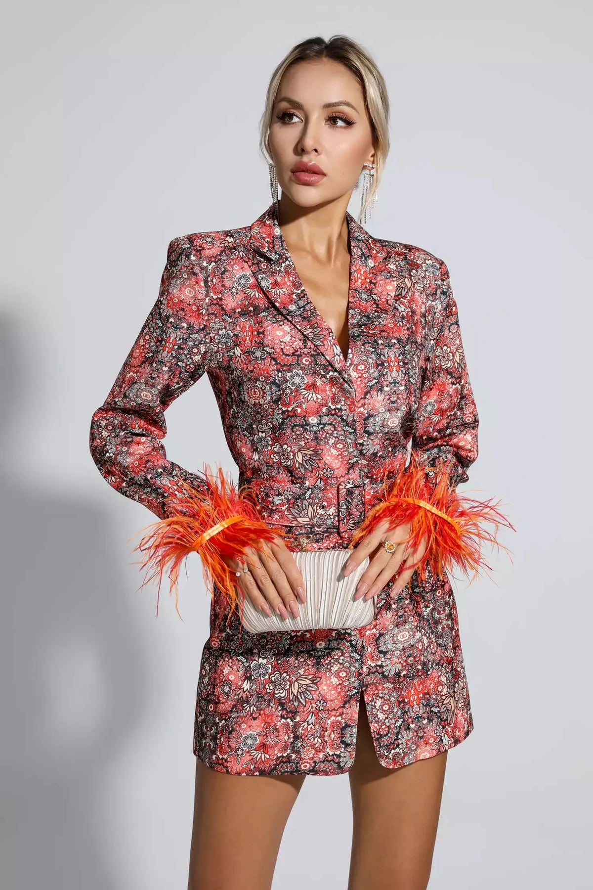 Remington Floral Print Mini Dress with Feather Cuffs