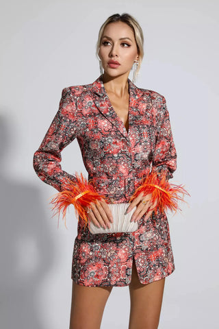 Remington Floral Print Mini Dress with Feather Cuffs