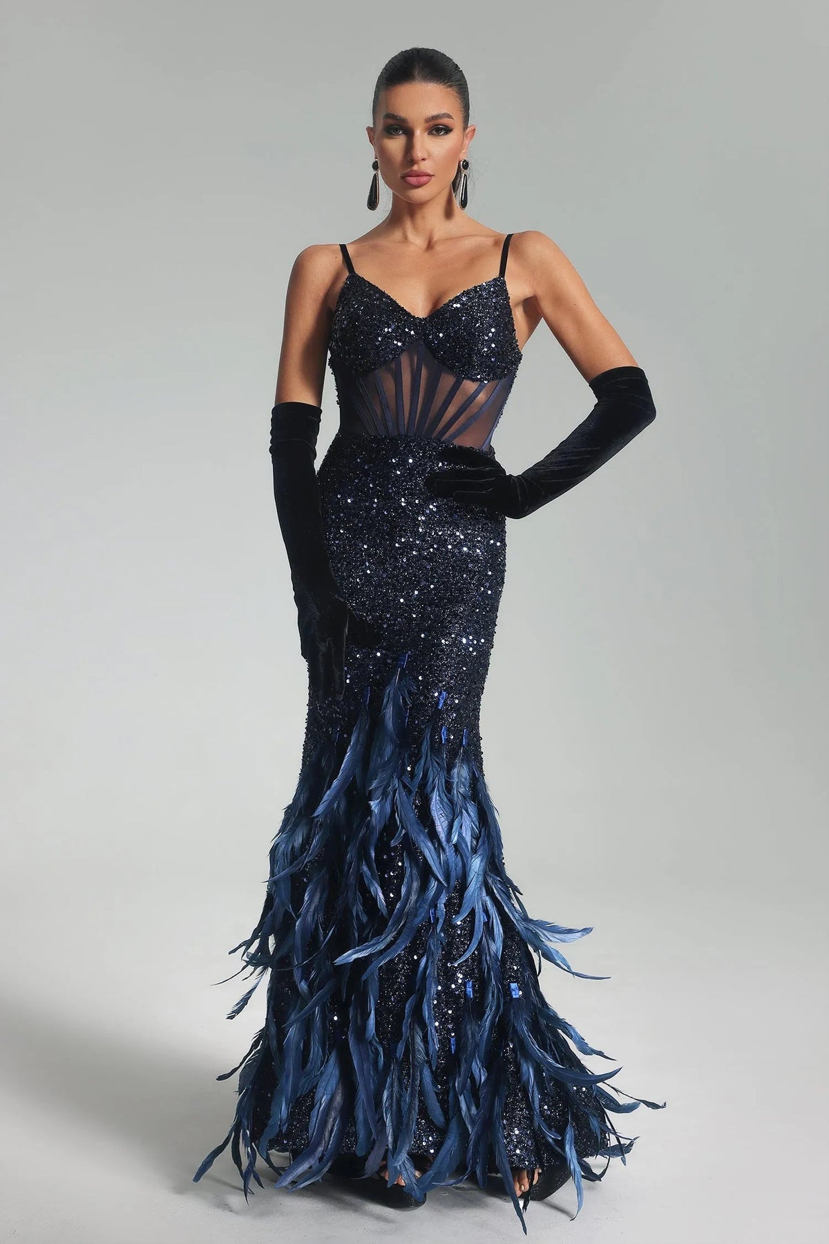 Corset Sequin & Feather Maxi Dress