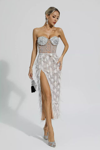 Siena Feather Tube-Top Maxi Dress — White