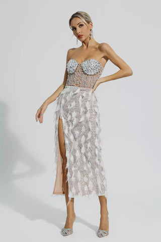 Siena Feather Tube-Top Maxi Dress — White