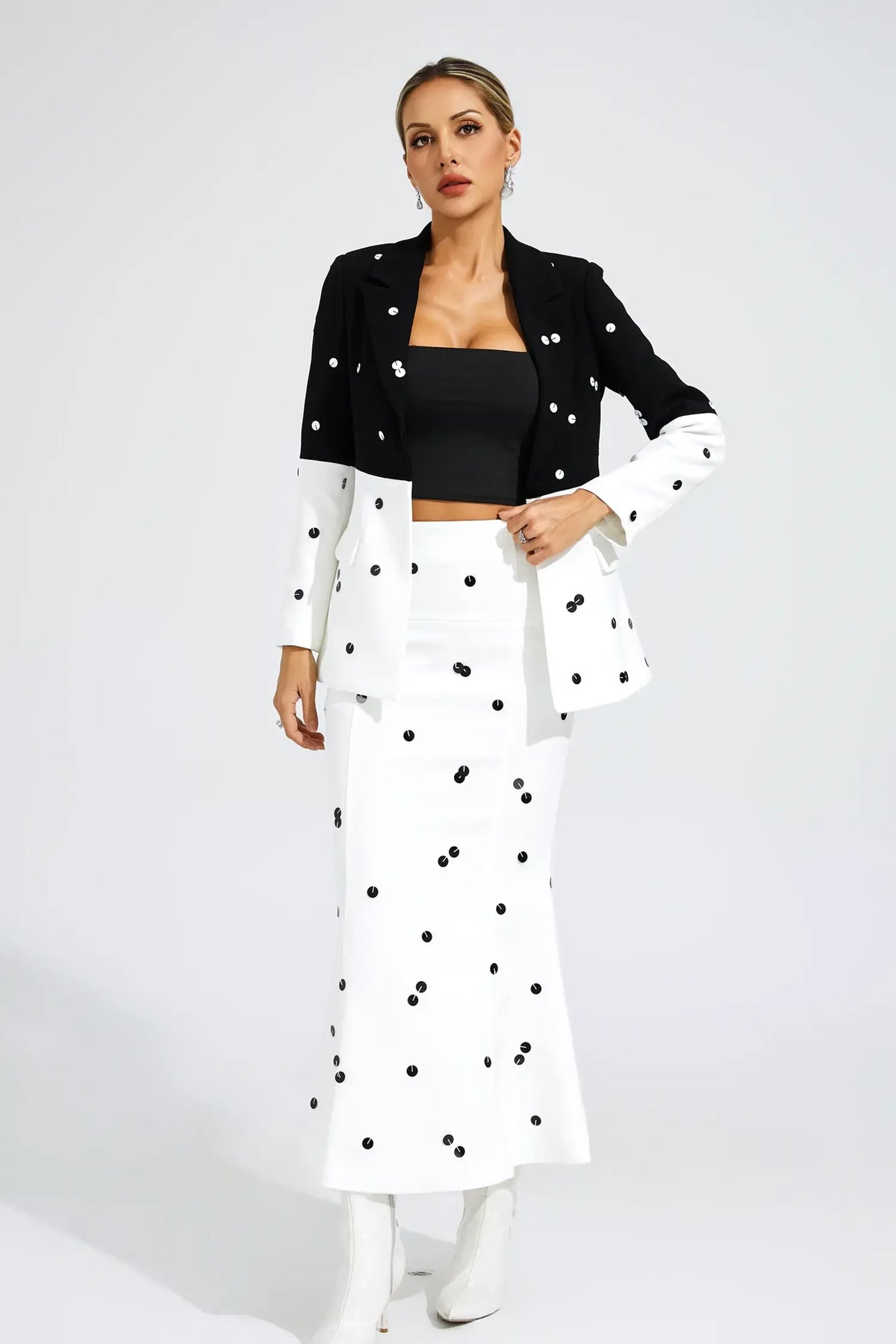Noella Polka-Dot Sequin Blazer and Skirt Set — White