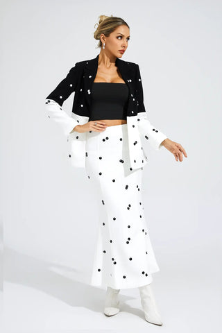 Noella Polka-Dot Sequin Blazer and Skirt Set — White