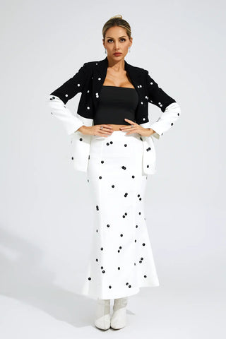 Noella Polka-Dot Sequin Blazer and Skirt Set — White