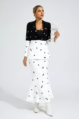 Noella Polka-Dot Sequin Blazer and Skirt Set — White