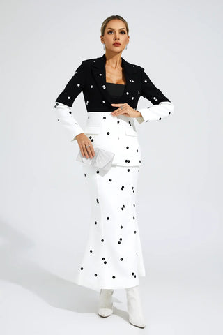 Noella Polka-Dot Sequin Blazer and Skirt Set — White