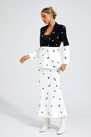 Noella Polka-Dot Sequin Blazer and Skirt Set — White