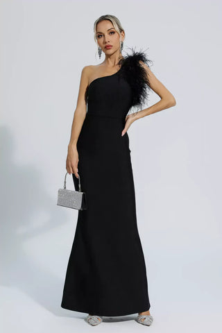 Tiana One-Shoulder Feather Bandage Maxi Dress — Black
