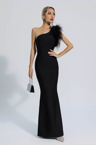 Tiana One-Shoulder Feather Bandage Maxi Dress — Black