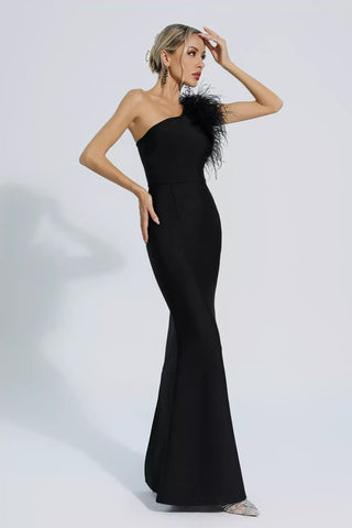 Tiana One-Shoulder Feather Bandage Maxi Dress — Black