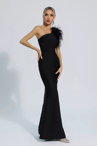 Tiana One-Shoulder Feather Bandage Maxi Dress — Black