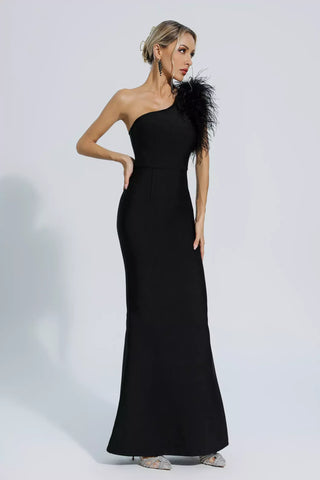 Tiana One-Shoulder Feather Bandage Maxi Dress — Black