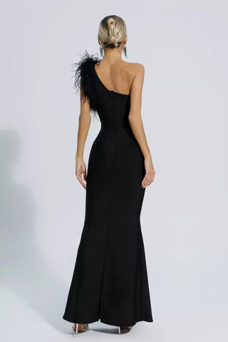 Tiana One-Shoulder Feather Bandage Maxi Dress — Black