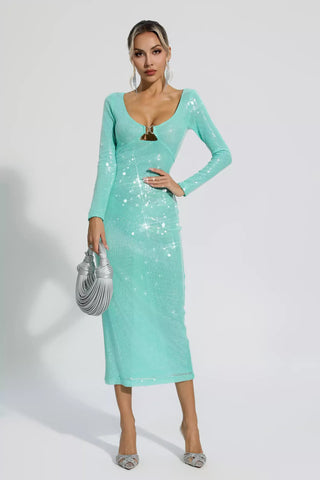 Winnie Long-Sleeve Sequin Maxi Dress — Green