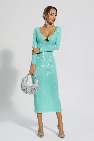 Winnie Long-Sleeve Sequin Maxi Dress — Green