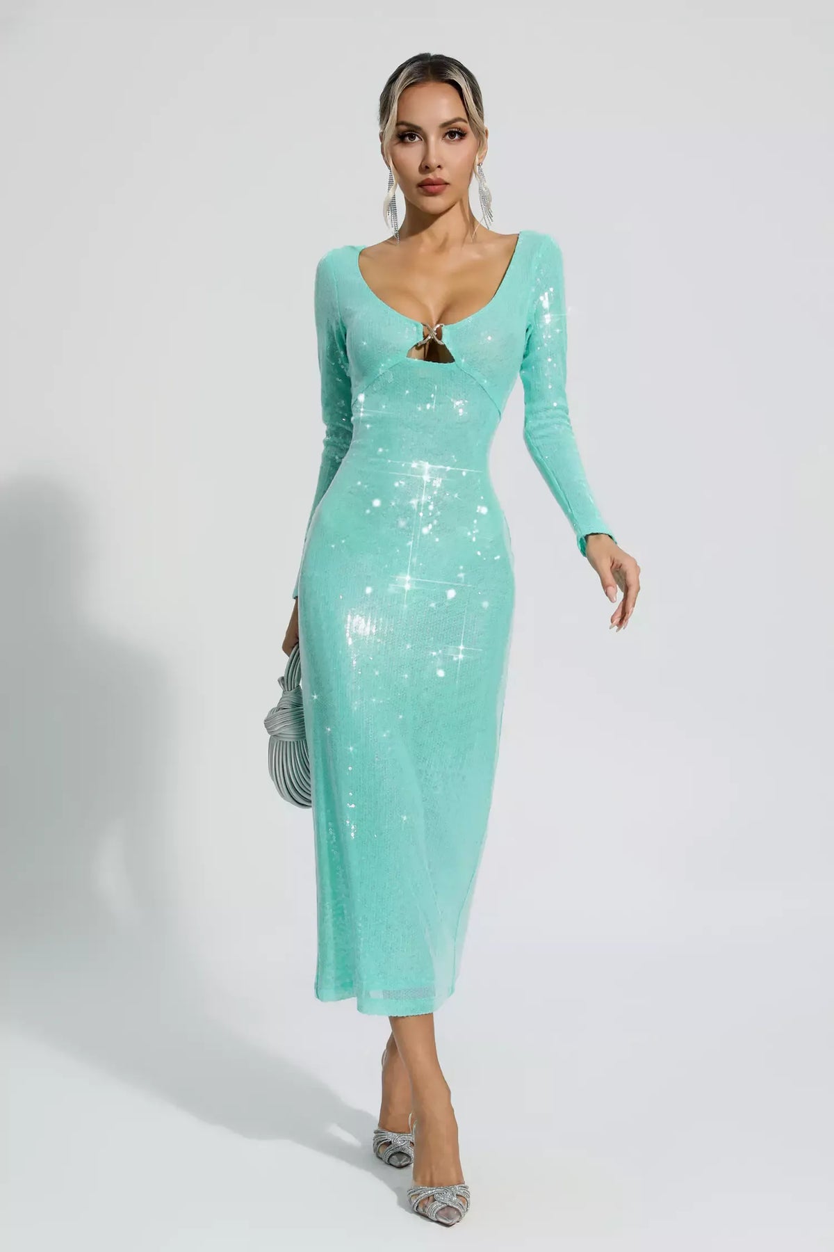 Winnie Long-Sleeve Sequin Maxi Dress — Green