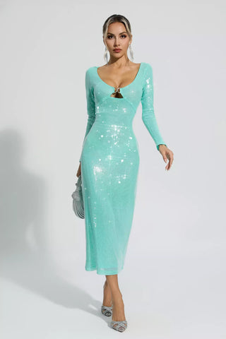 Winnie Long-Sleeve Sequin Maxi Dress — Green