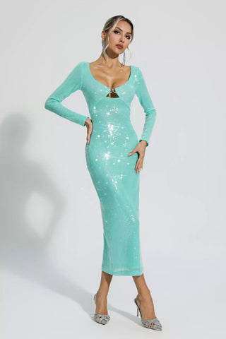 Winnie Long-Sleeve Sequin Maxi Dress — Green
