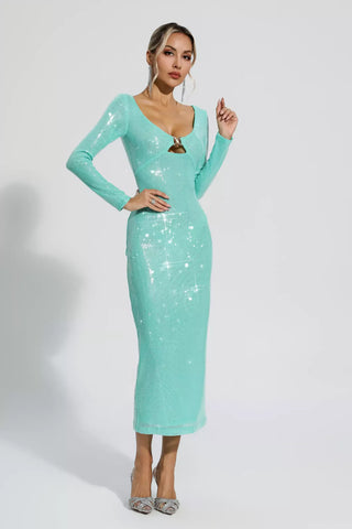 Winnie Long-Sleeve Sequin Maxi Dress — Green