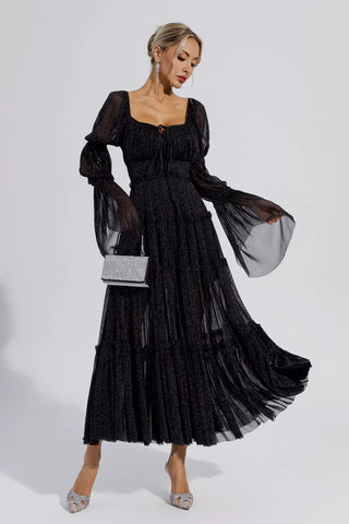 Yaretzi Long-Sleeve Sequin Maxi Dress — Black