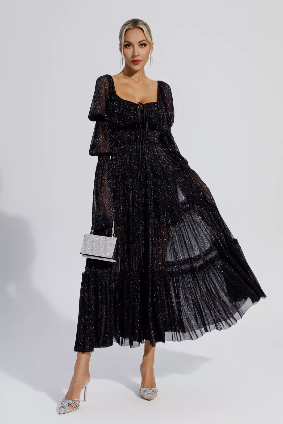 Yaretzi Long-Sleeve Sequin Maxi Dress — Black