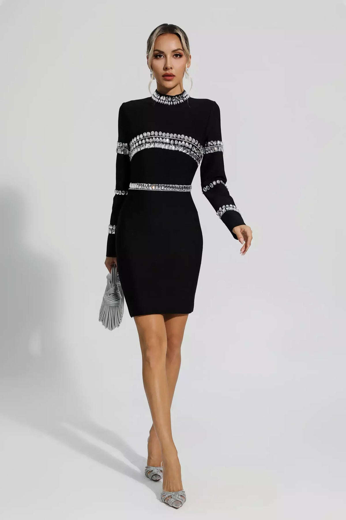 Hayley Diamond-Embellished Long-Sleeve Mini Dress — Black