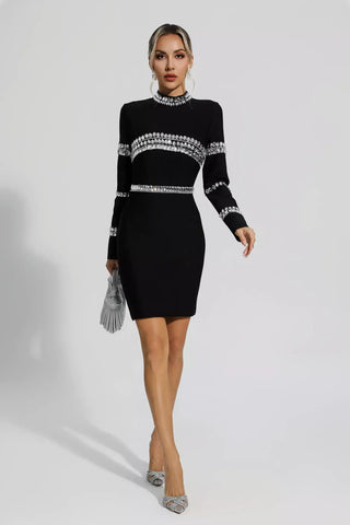 Hayley Diamond-Embellished Long-Sleeve Mini Dress — Black