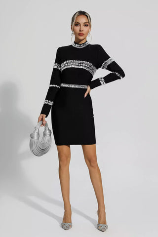 Hayley Diamond-Embellished Long-Sleeve Mini Dress — Black