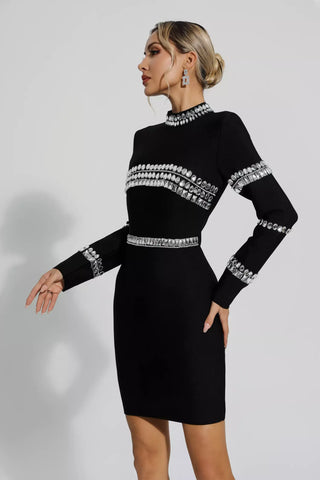 Hayley Diamond-Embellished Long-Sleeve Mini Dress — Black