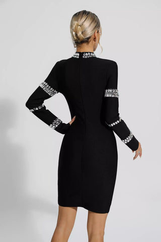 Hayley Diamond-Embellished Long-Sleeve Mini Dress — Black