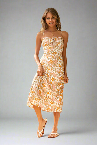 Floral Slip Midi Dress — Orange (Front Tie), Cuavan