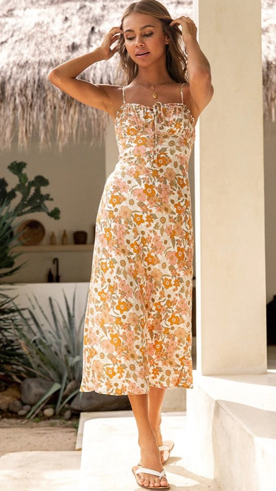 Floral Slip Midi Dress — Orange (Front Tie), Cuavan