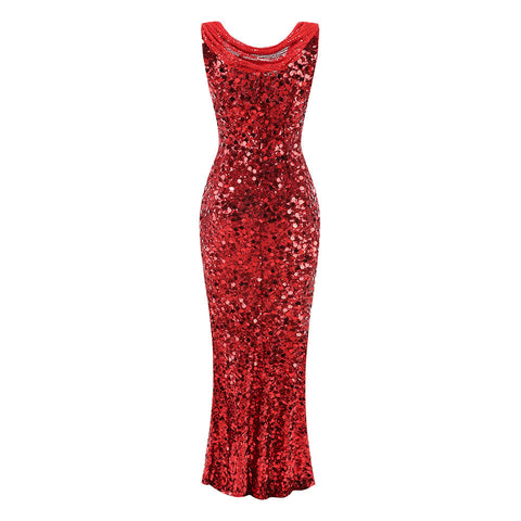 Maisie Sequin Cowl-Neck Maxi Gown — Ruby Red