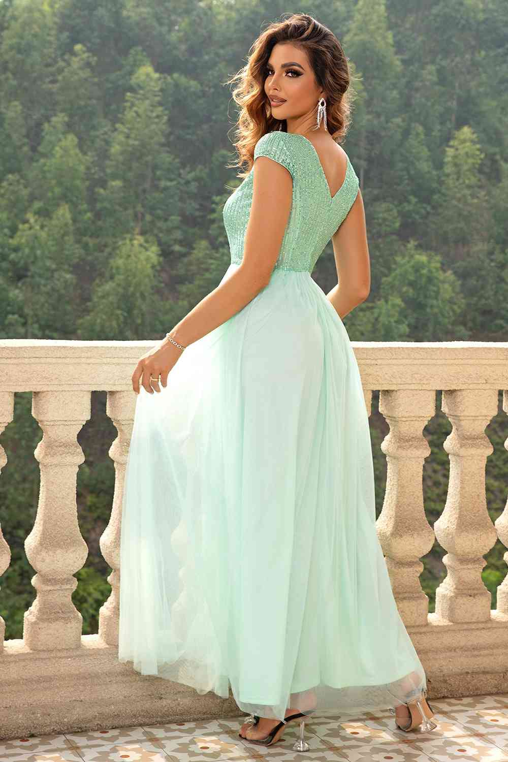 Sequin V-Neck Mesh Maxi Dress, Cuavan