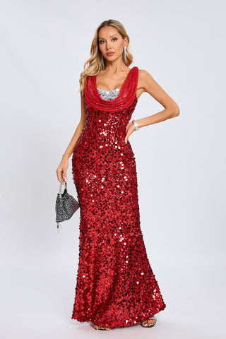 Maisie Sequin Cowl-Neck Maxi Gown — Ruby Red