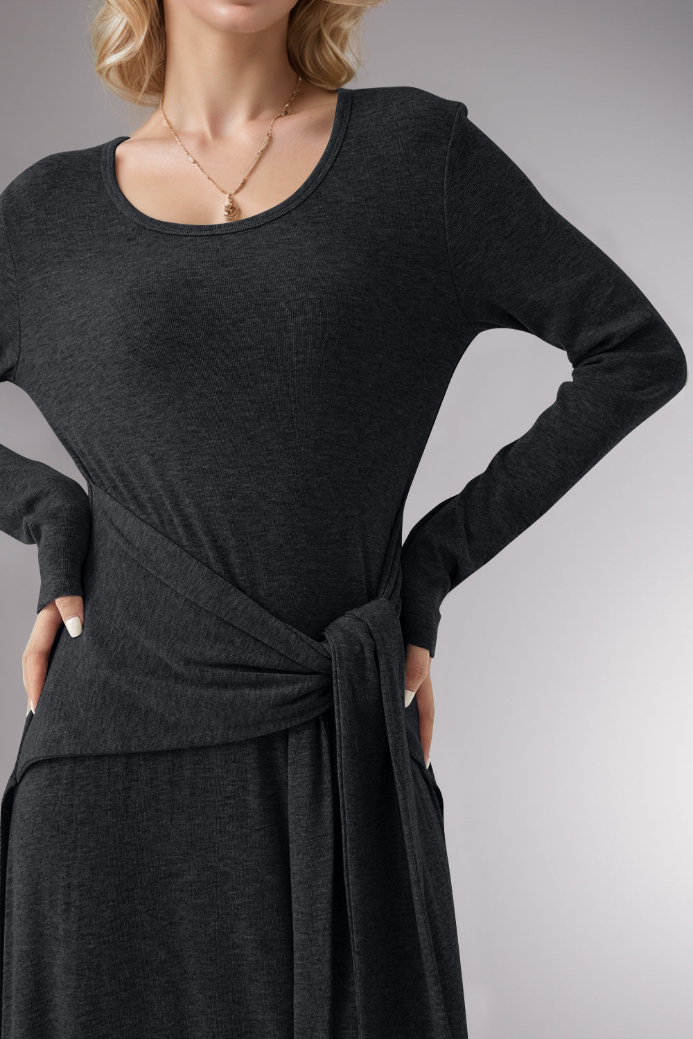 Tied Scoop Neck Long Sleeve Maxi Dress, Cuavan