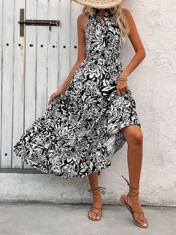 Backless Smocked Printed Midi Dress, Cuavan