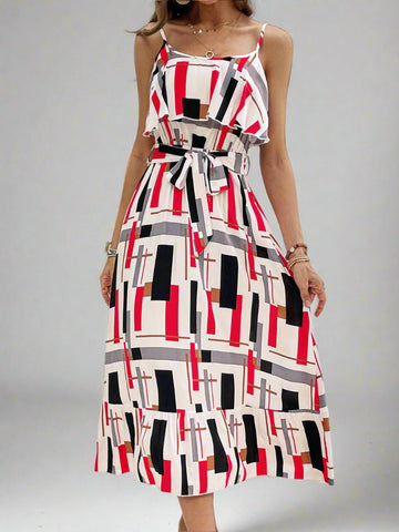Ruffled Tie-Waist Printed Midi Dress, Cuavan