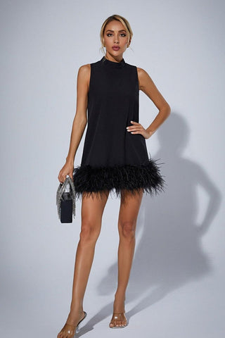 Nisha Feather-Hem Mini Dress — Black