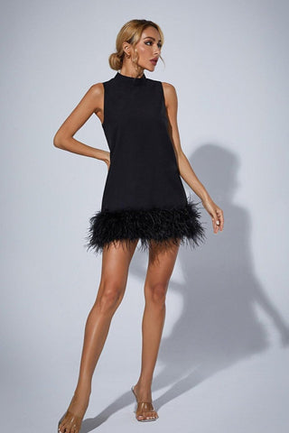 Nisha Feather-Hem Mini Dress — Black