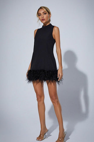 Nisha Feather-Hem Mini Dress — Black